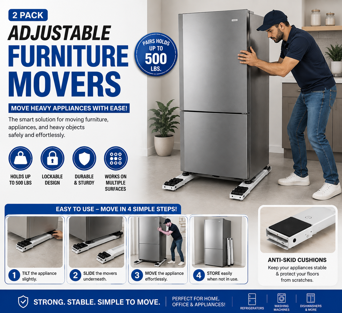Adjustable Furniture Movers – Heavy Duty 2-Pack | Move Sofa, Fridge & Washing Machine Easily