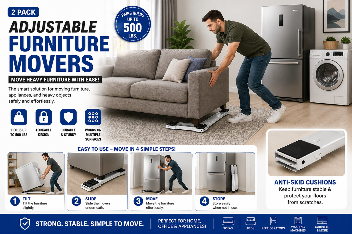 Adjustable Furniture Movers – Heavy Duty 2-Pack | Move Sofa, Fridge & Washing Machine Easily