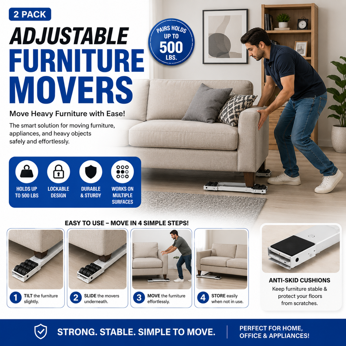 Adjustable Furniture Movers – Heavy Duty 2-Pack | Move Sofa, Fridge & Washing Machine Easily