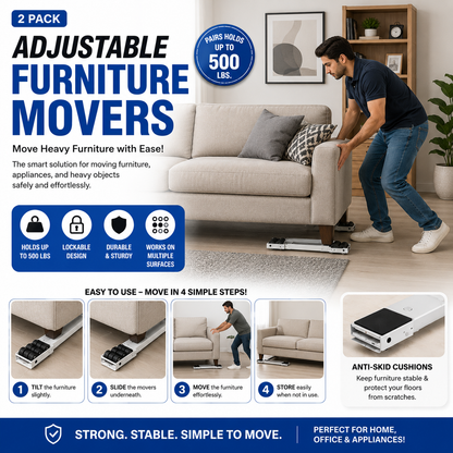 Adjustable Furniture Movers – Heavy Duty 2-Pack | Move Sofa, Fridge & Washing Machine Easily